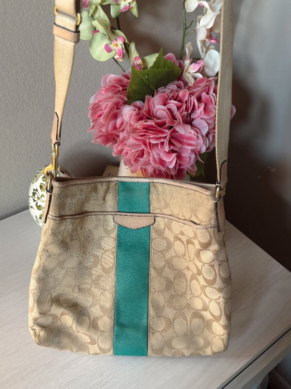 Coach Khaki Signature Green Stripe Crossbody